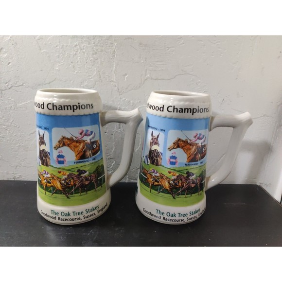Two 2001 Oak Tree Racing Santa Anita Park Beer Mug Stein Ltd Ed Goodwood Cup - Picture 1 of 5
